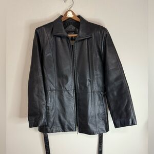 Outbrook Black Leather Jacket zip & belt closure in size large